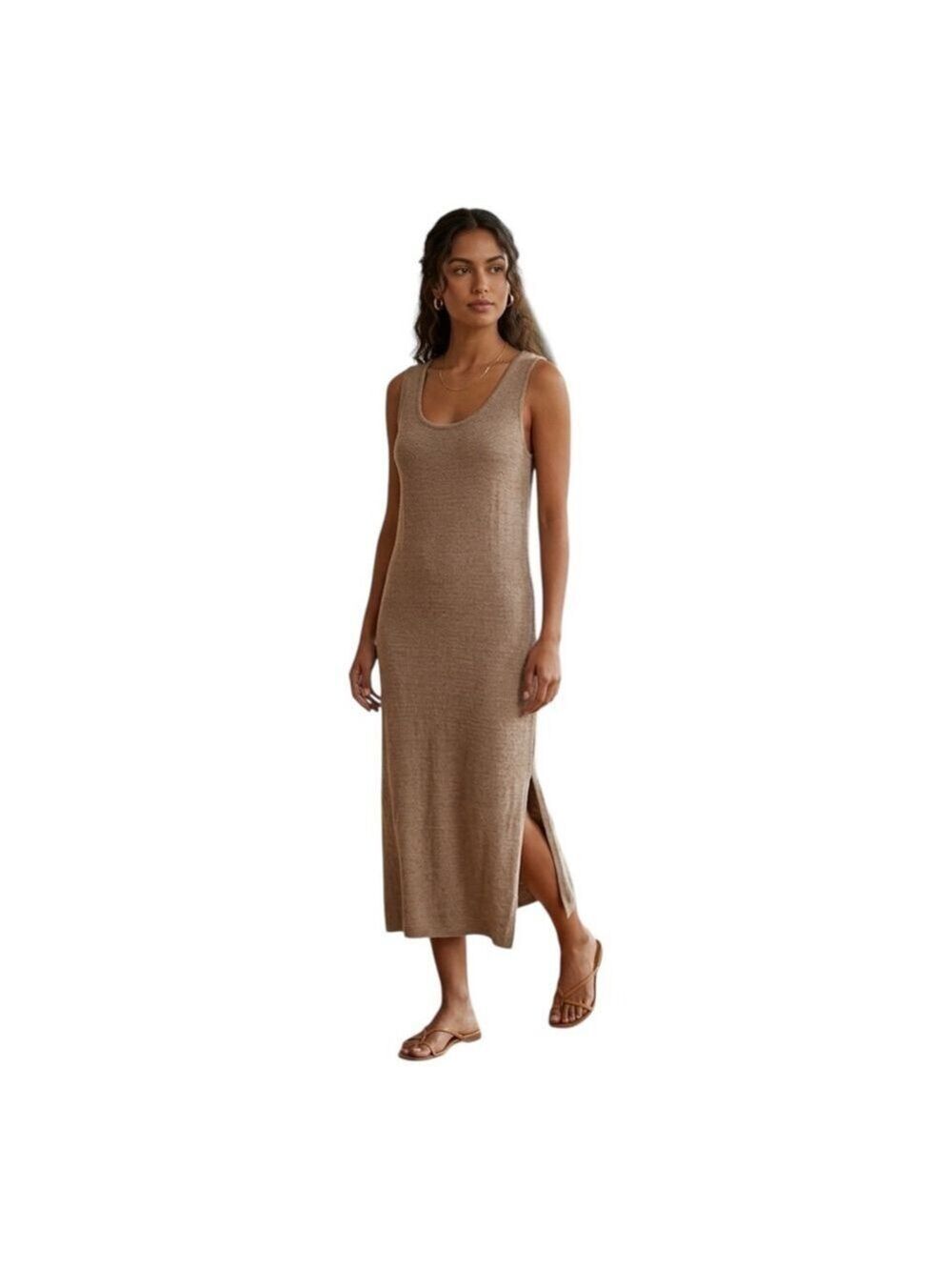 Barefoot Dreams CozyChic Ultra Lite Tank Midi Dress Taupe Side Slit L